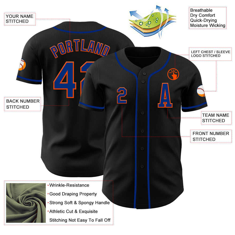 Custom Black Royal-Orange Authentic Baseball Jersey view 2
