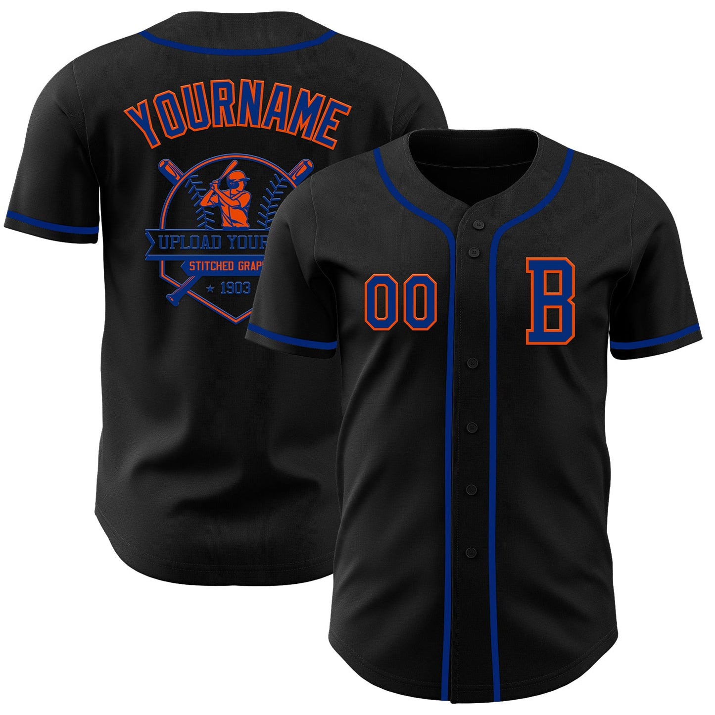 Custom Black Royal-Orange Authentic Baseball Jersey view 5
