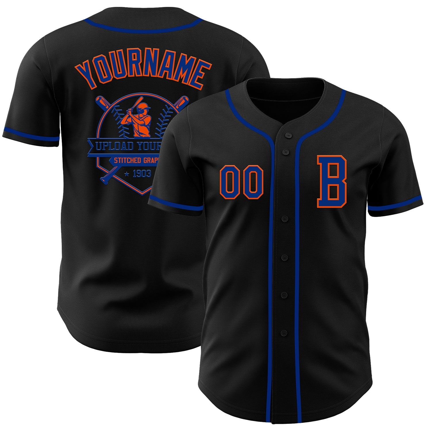 Custom Black Royal-Orange Authentic Baseball Jersey view 5