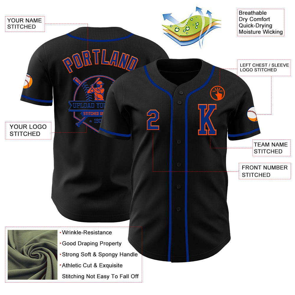 Custom Black Royal-Orange Authentic Baseball Jersey view 6