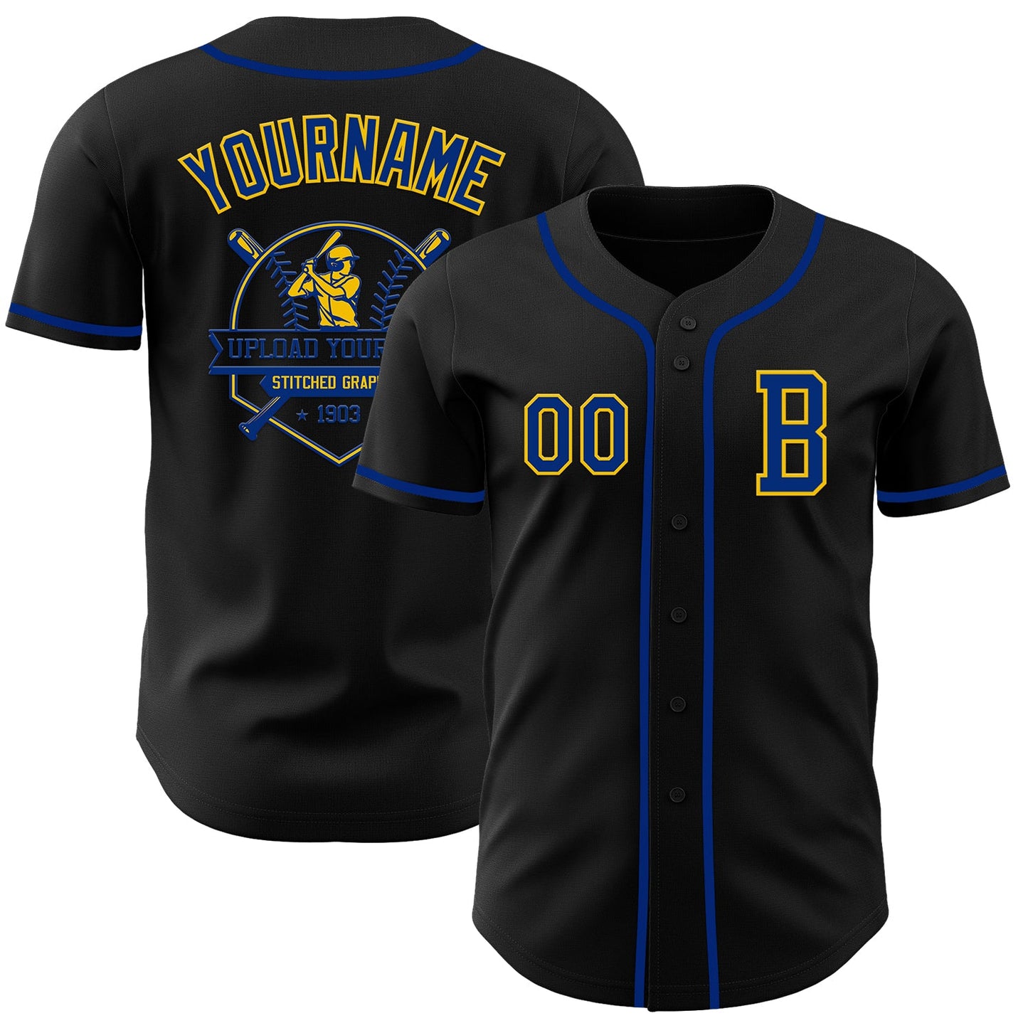 Custom Black Royal-Yellow Authentic Baseball Jersey view 5