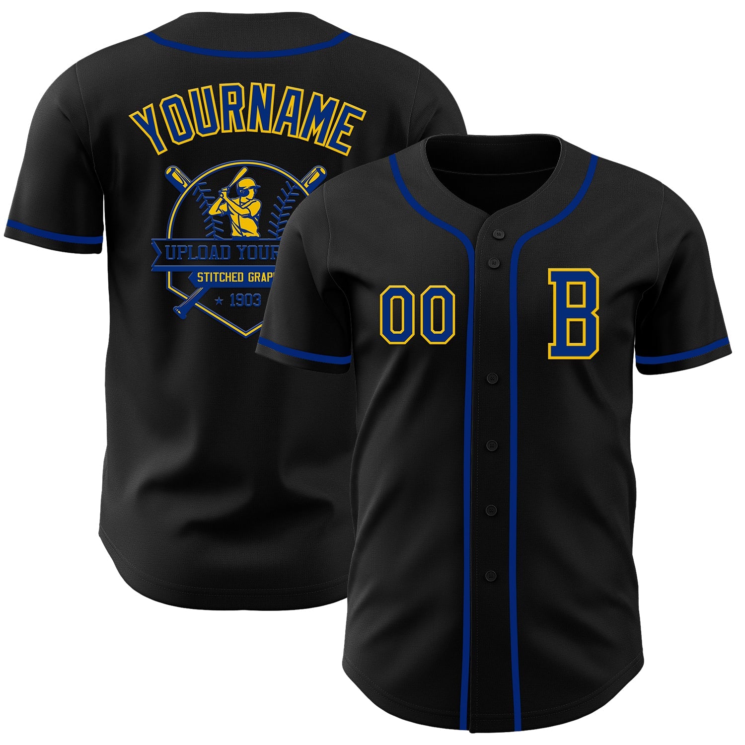 Custom Black Royal-Yellow Authentic Baseball Jersey view 5
