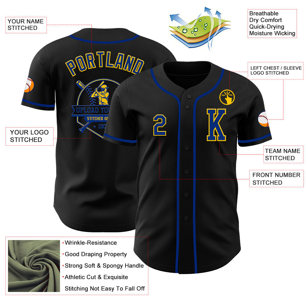 Custom Black Royal-Yellow Authentic Baseball Jersey view 6