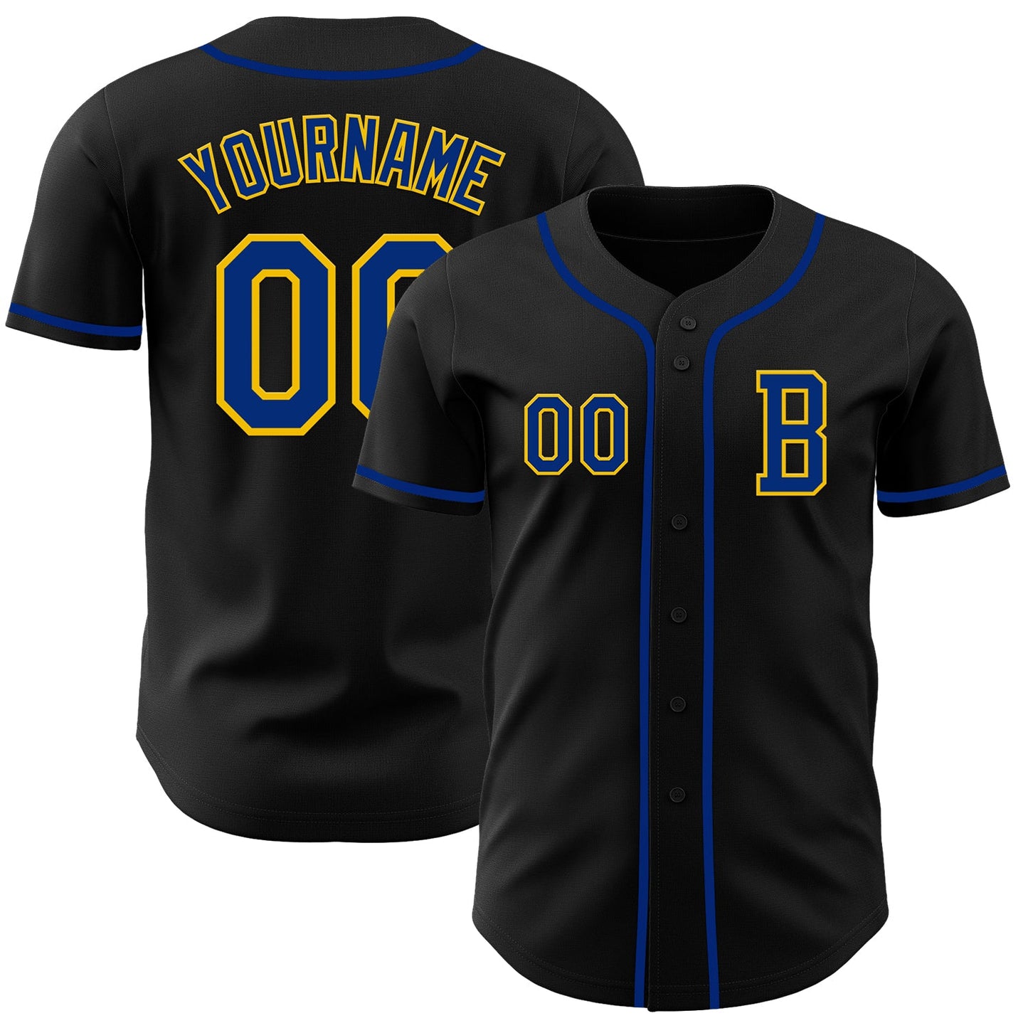Custom Black Royal-Yellow Authentic Baseball Jersey - Main View