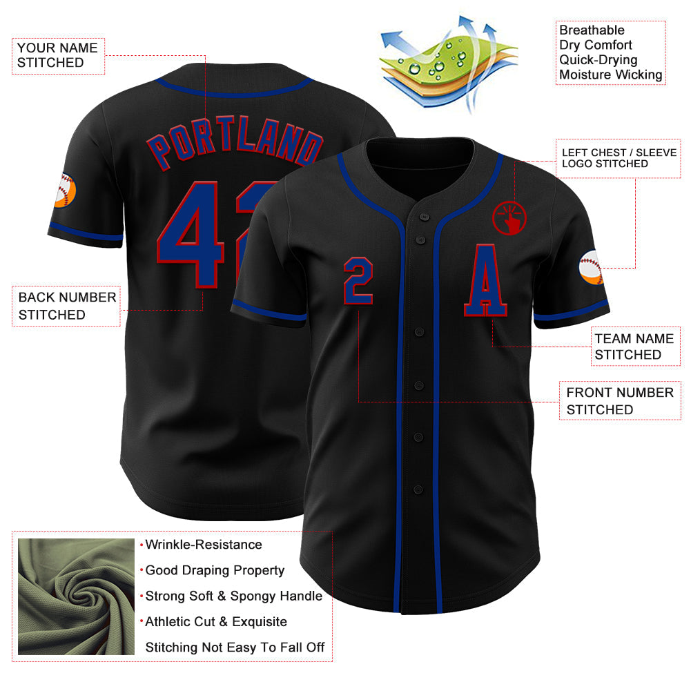 Custom Black Royal-Red Authentic Baseball Jersey view 2