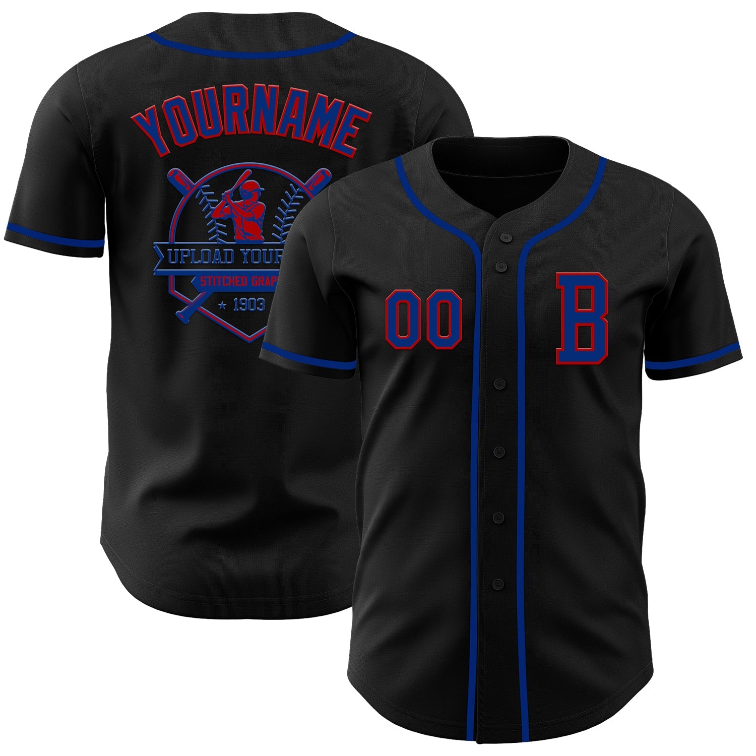 Custom Black Royal-Red Authentic Baseball Jersey view 5