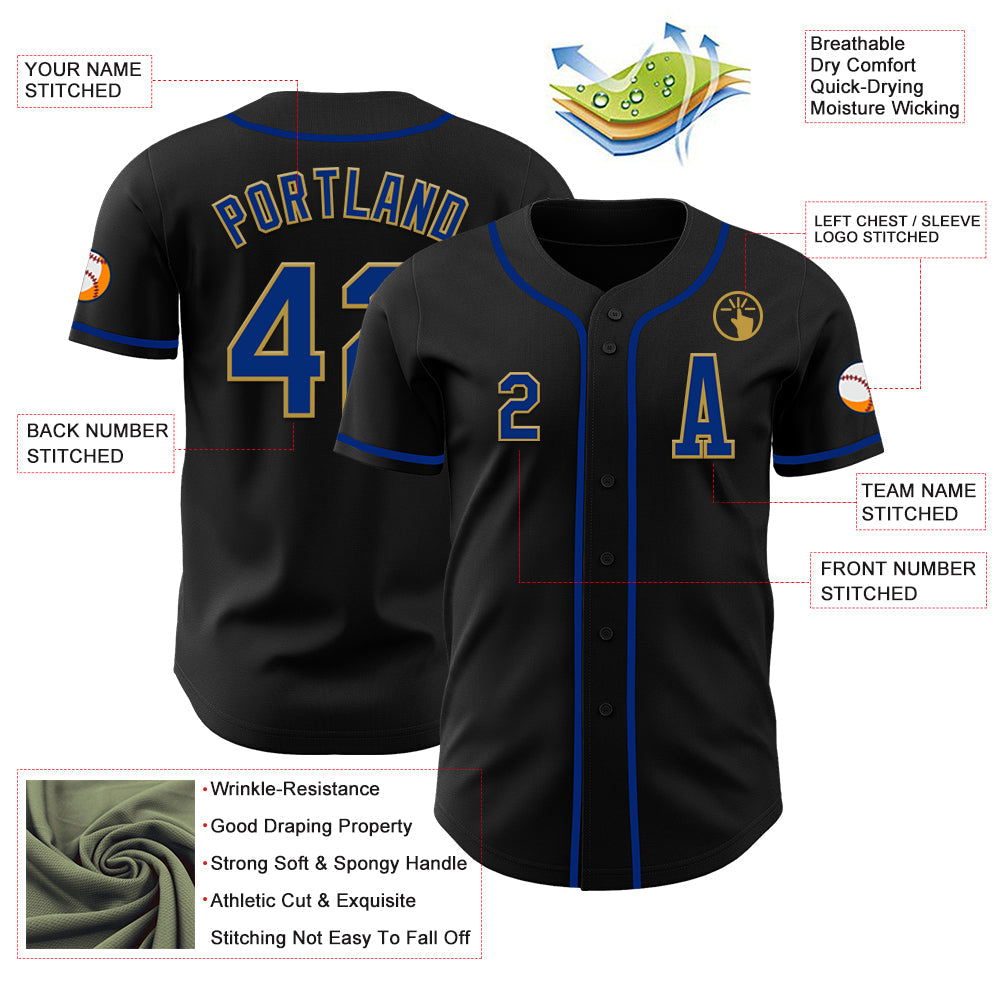 Custom Black Royal-Old Gold Authentic Baseball Jersey view 2