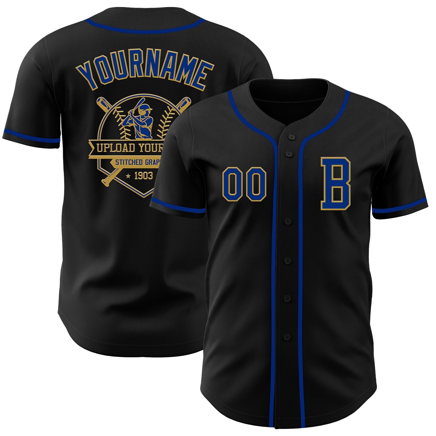 Custom Black Royal-Old Gold Authentic Baseball Jersey view 5