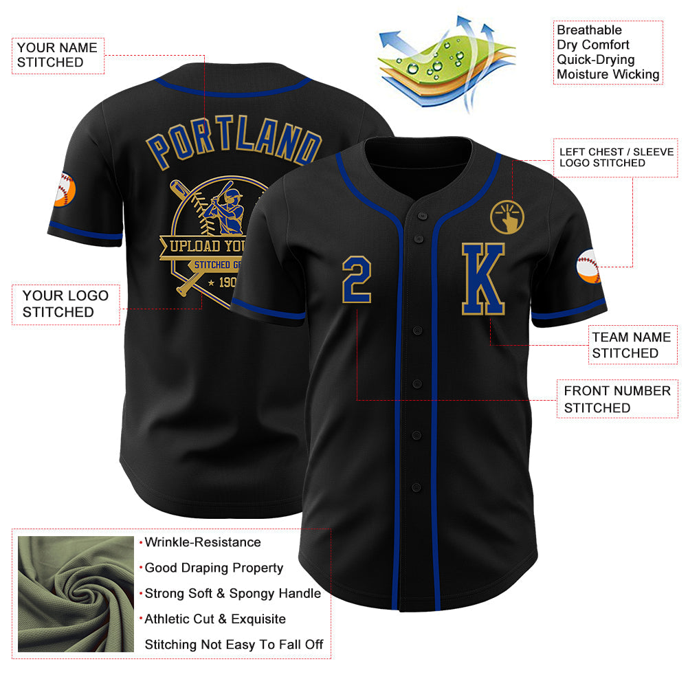 Custom Black Royal-Old Gold Authentic Baseball Jersey view 6