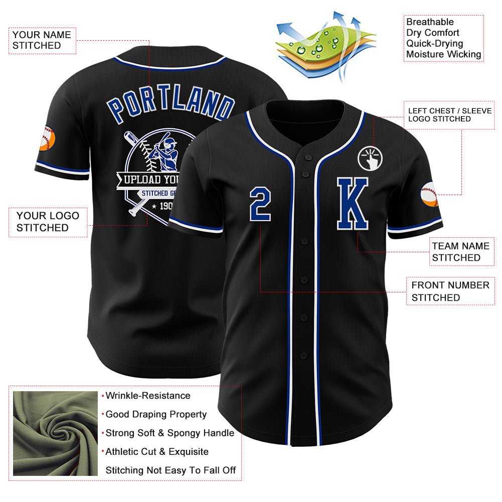 Custom Black Royal-White Authentic Baseball Jersey view 6