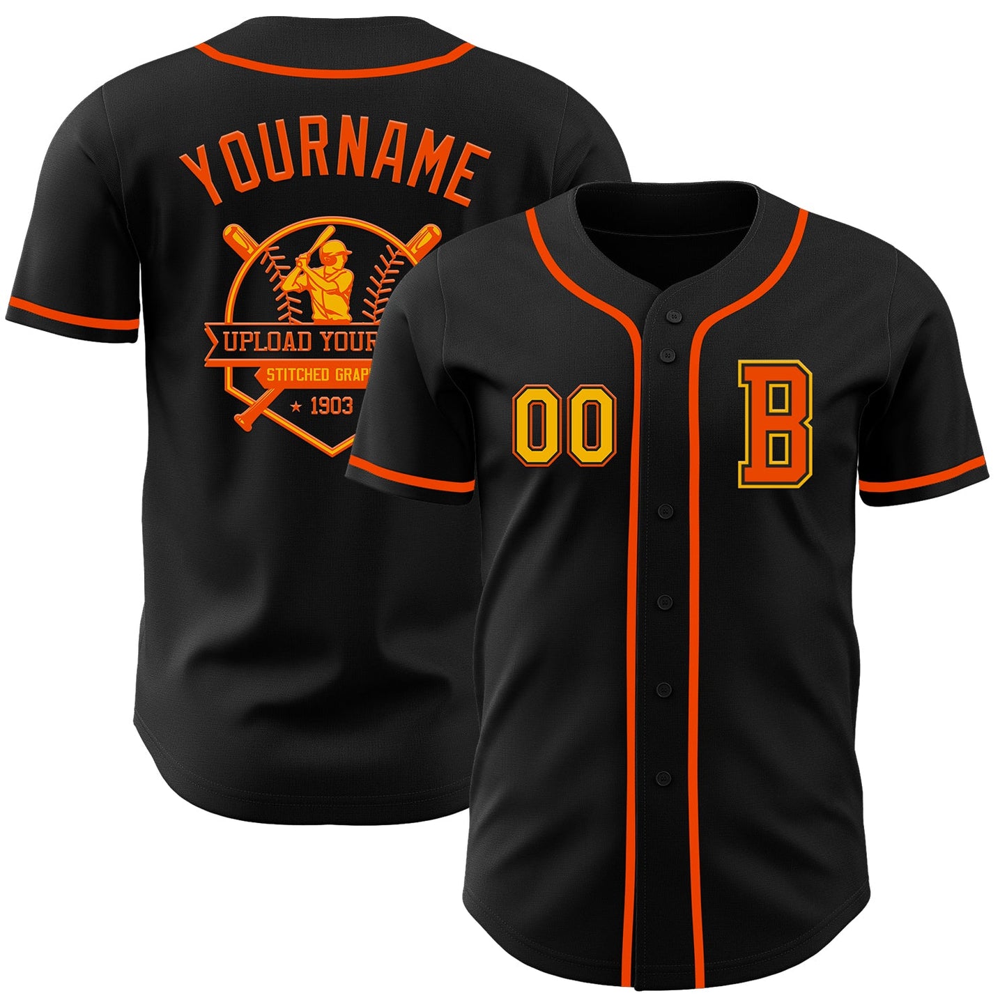Custom Black Gold-Orange Authentic Baseball Jersey view 5