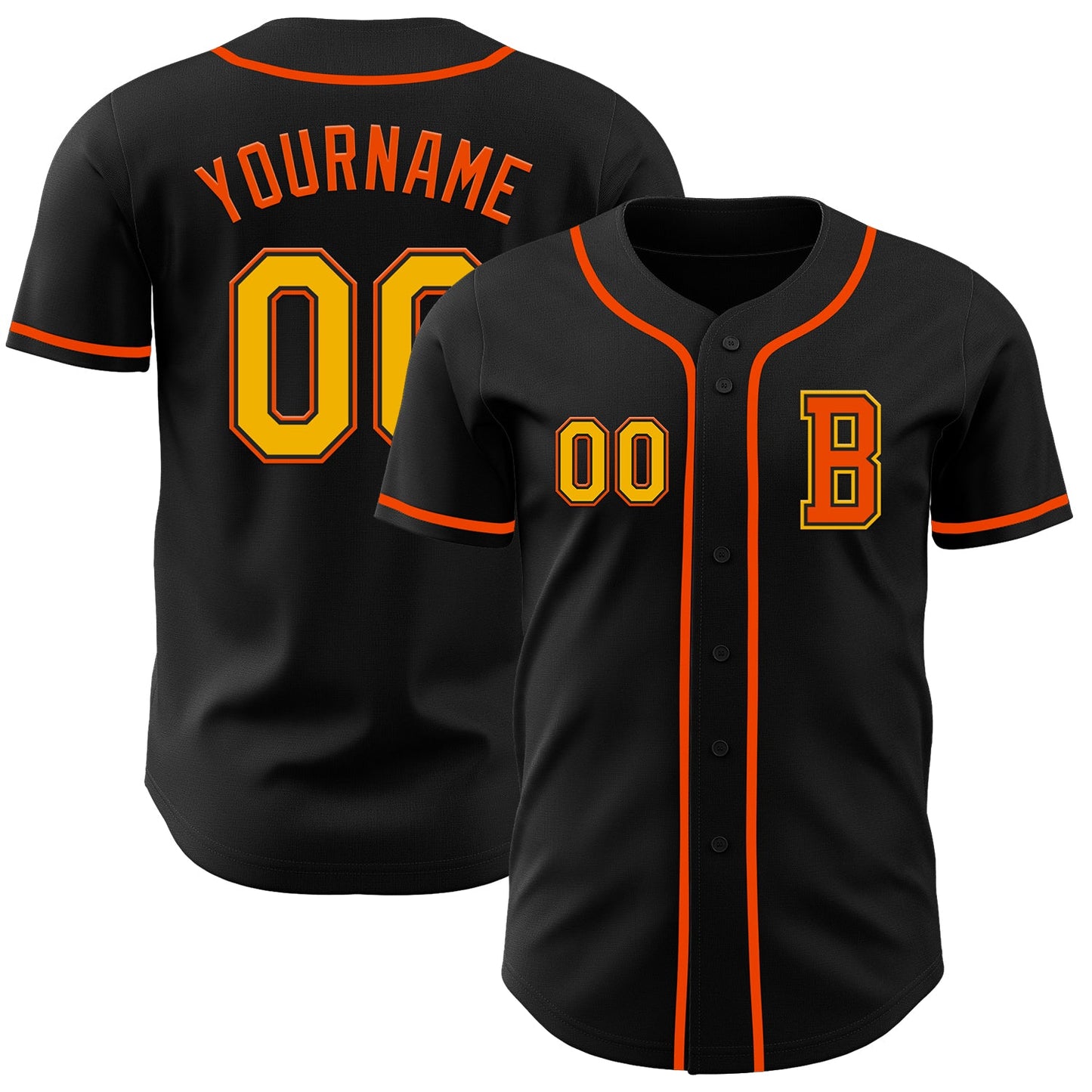 Custom Black Gold-Orange Authentic Baseball Jersey - Main View