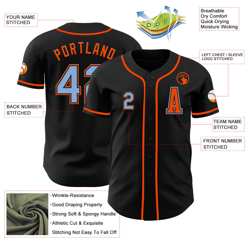 Custom Black Light Blue-Orange Authentic Baseball Jersey view 2