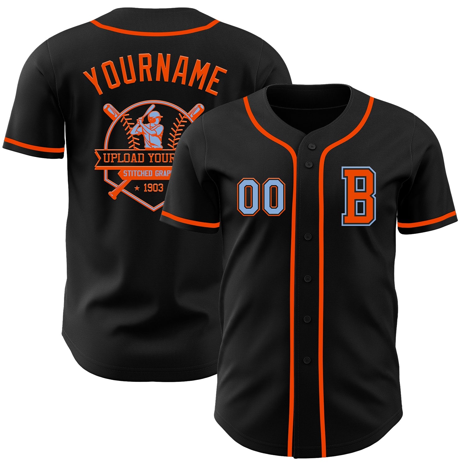 Custom Black Light Blue-Orange Authentic Baseball Jersey view 5