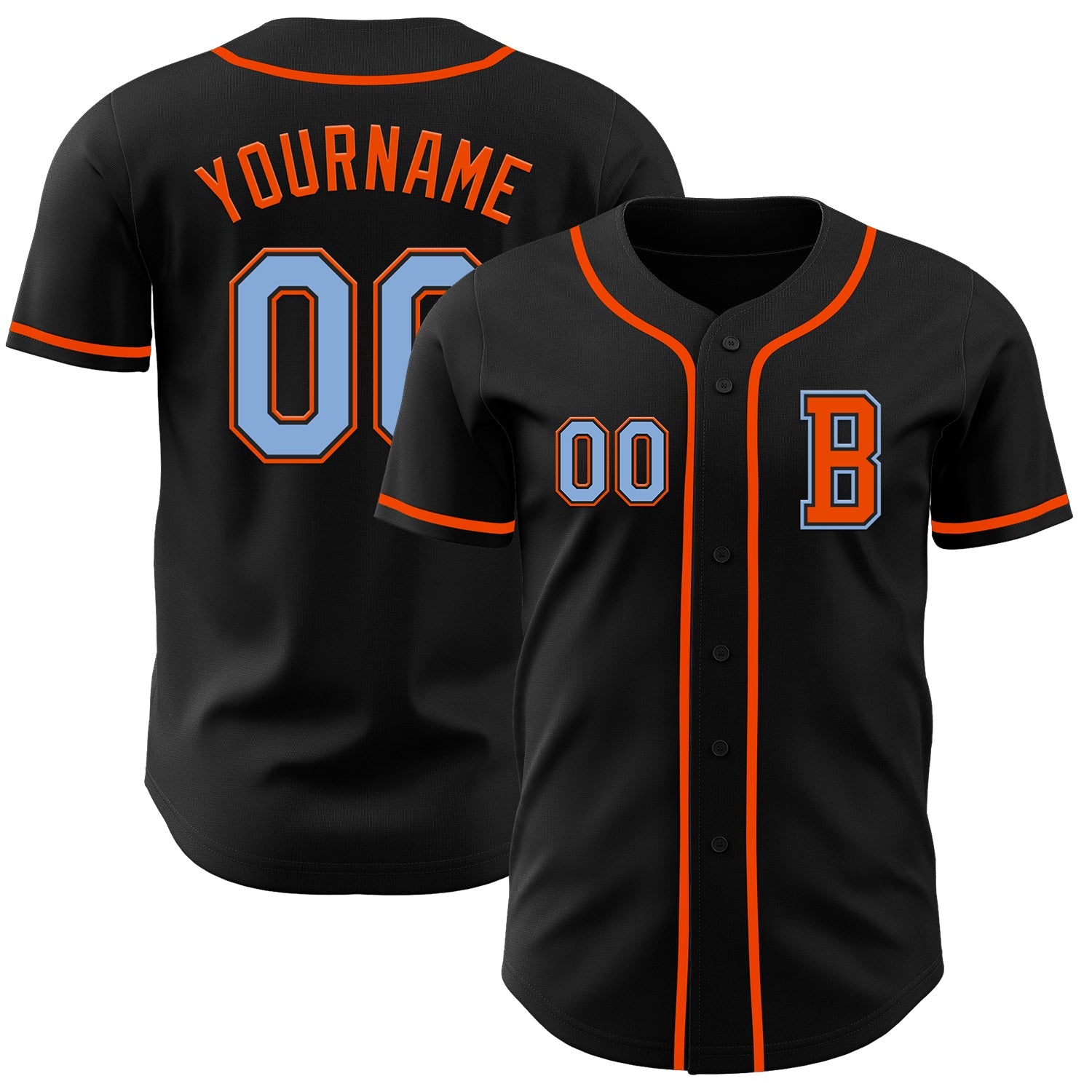 Custom Black Light Blue-Orange Authentic Baseball Jersey - Main View
