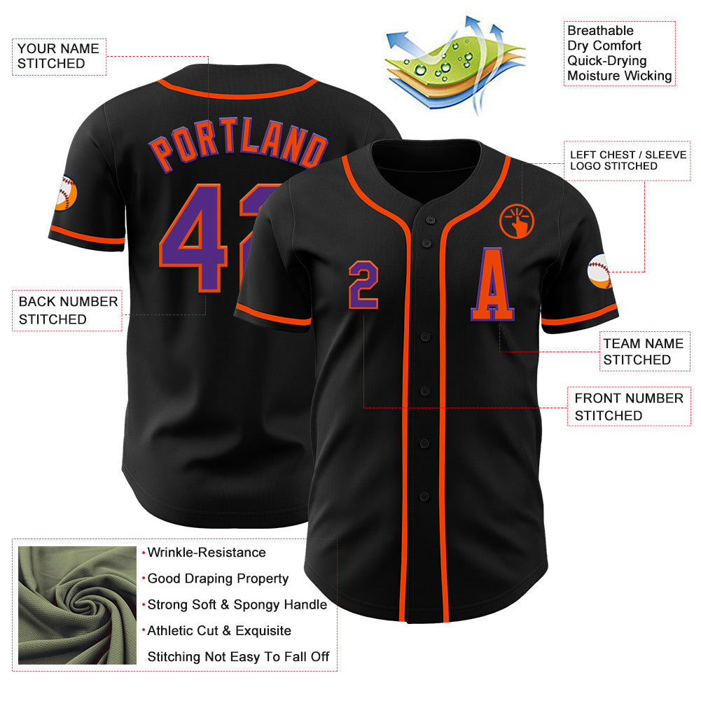 Custom Black Purple-Orange Authentic Baseball Jersey view 2