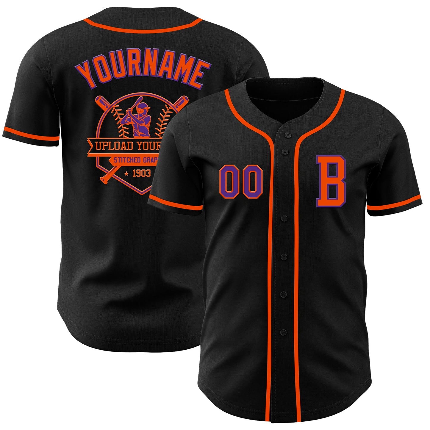 Custom Black Purple-Orange Authentic Baseball Jersey view 5