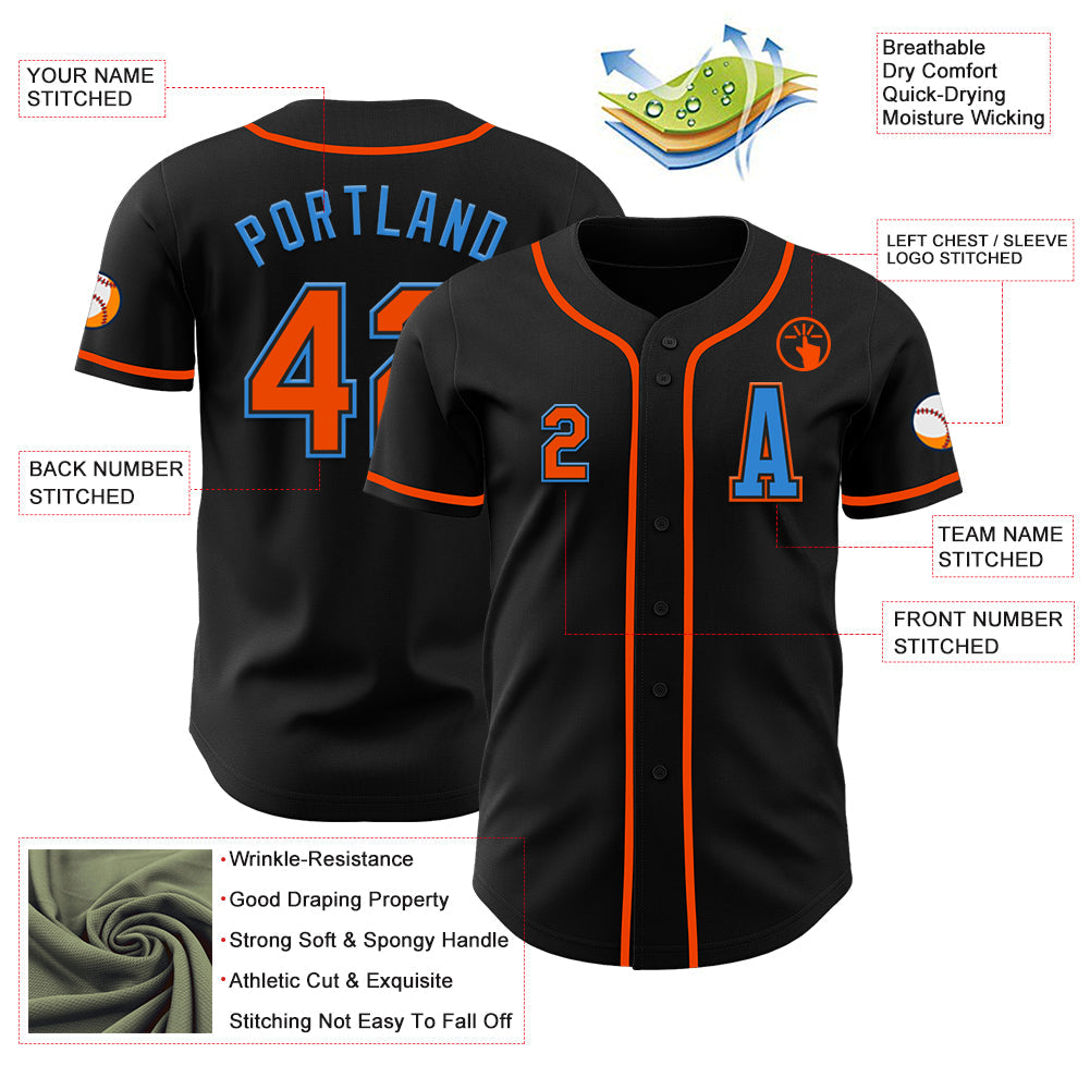 Custom Black Orange-Electric Blue Authentic Baseball Jersey view 2