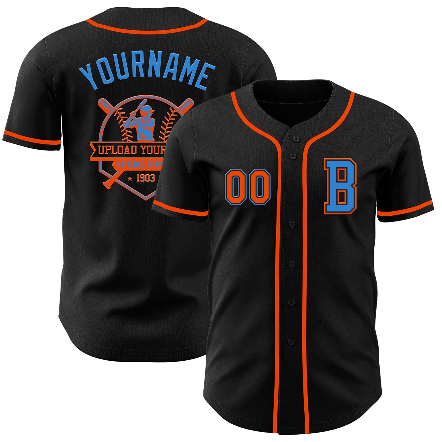 Custom Black Orange-Electric Blue Authentic Baseball Jersey view 5