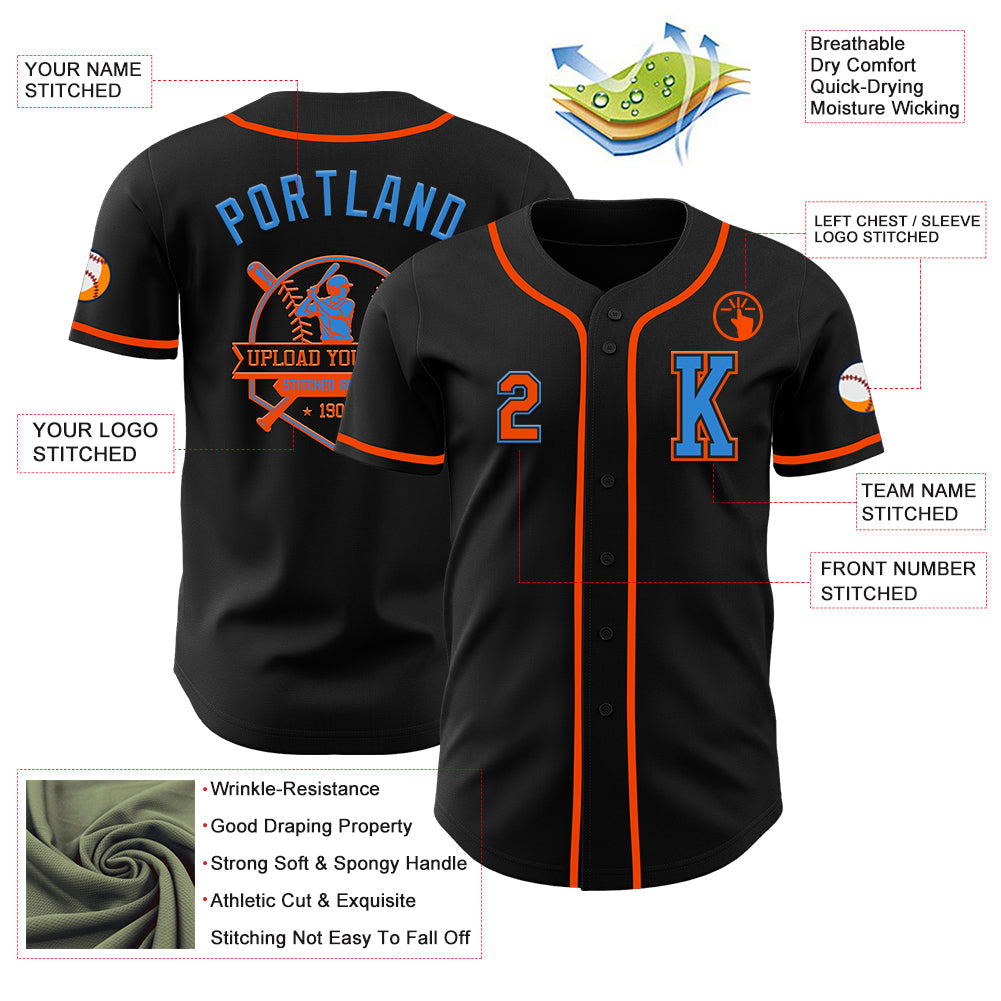 Custom Black Orange-Electric Blue Authentic Baseball Jersey view 6