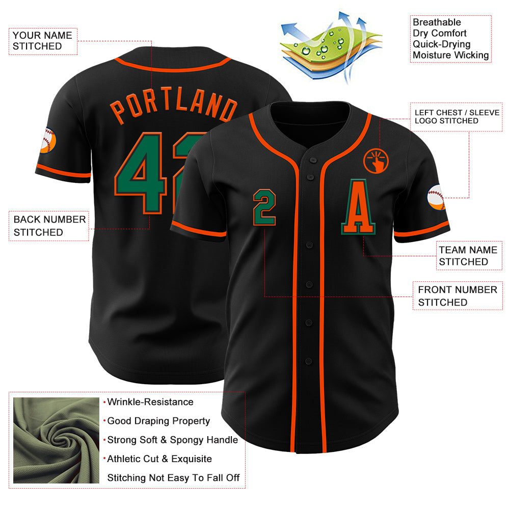 Custom Black Kelly Green-Orange Authentic Baseball Jersey view 2