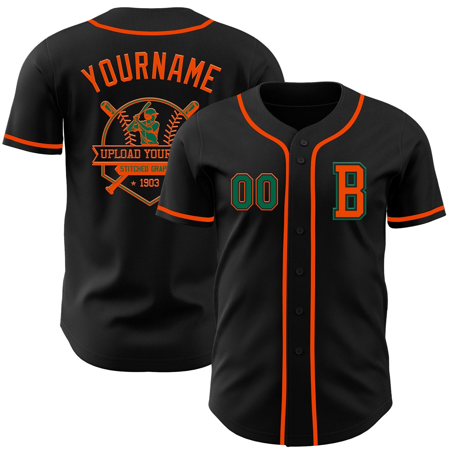 Custom Black Kelly Green-Orange Authentic Baseball Jersey view 5