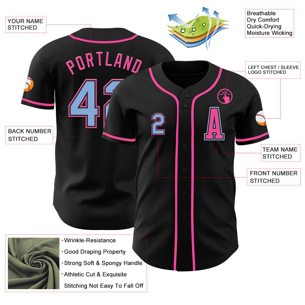 Custom Black Light Blue-Pink Authentic Baseball Jersey view 2