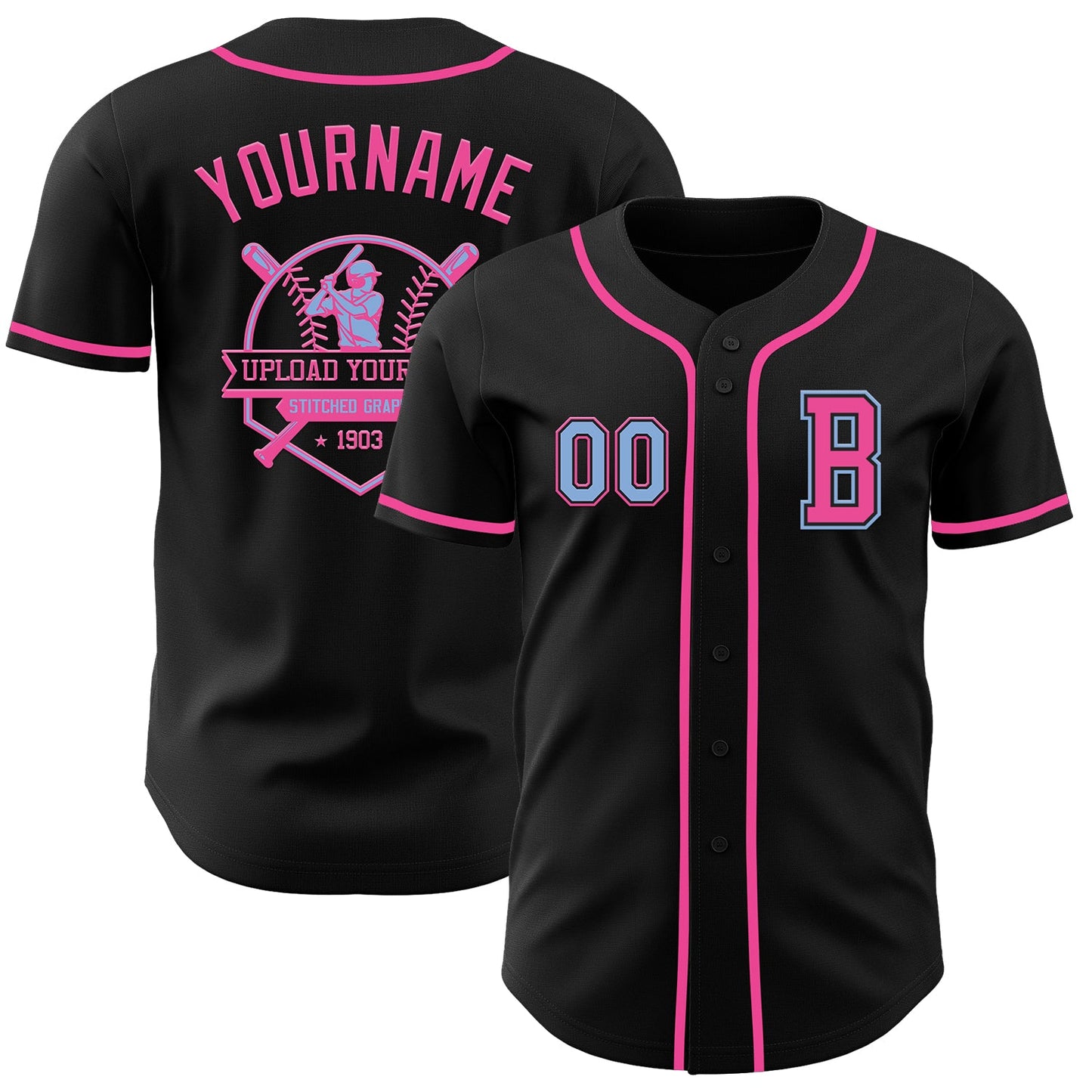 Custom Black Light Blue-Pink Authentic Baseball Jersey view 5