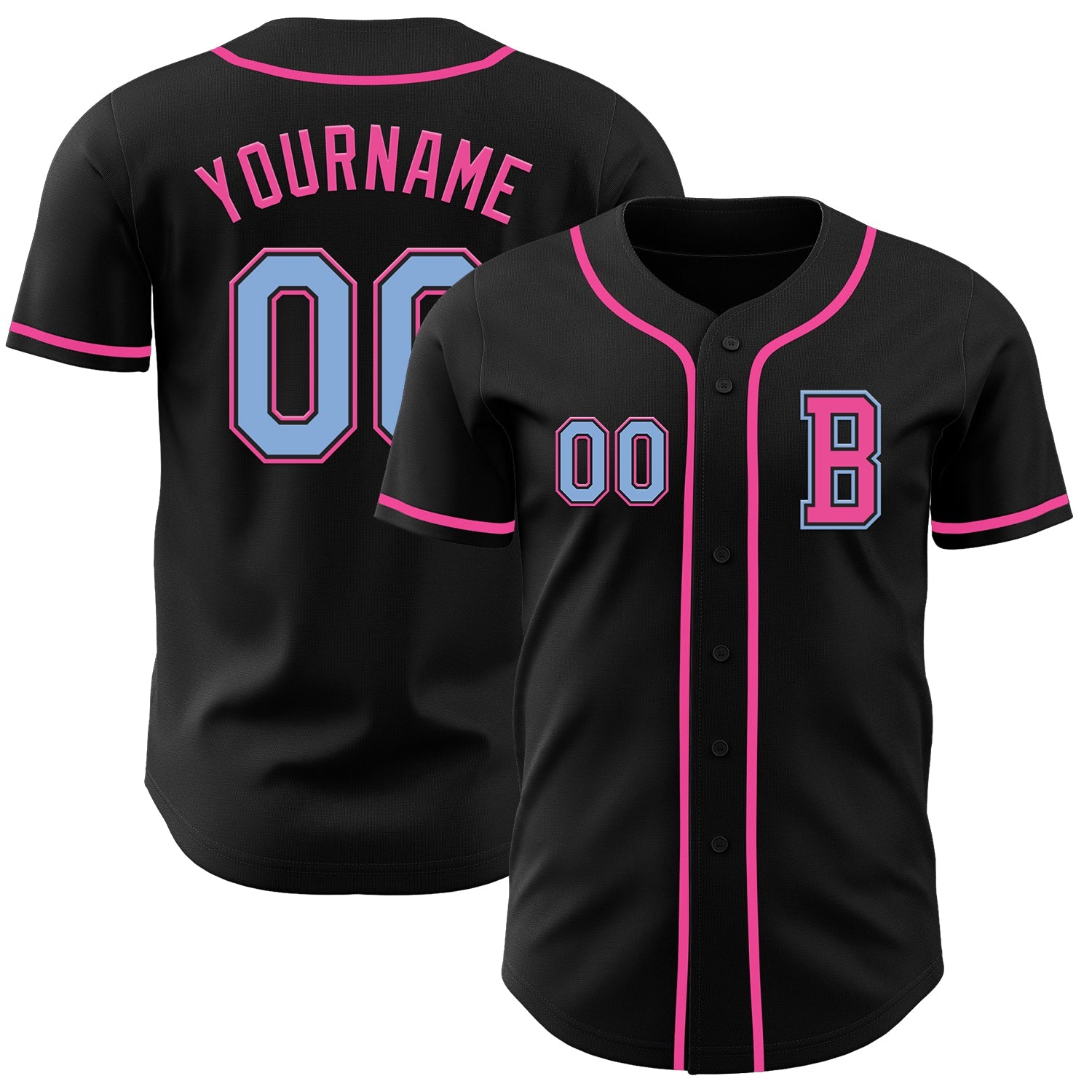 Custom Black Light Blue-Pink Authentic Baseball Jersey - Main View