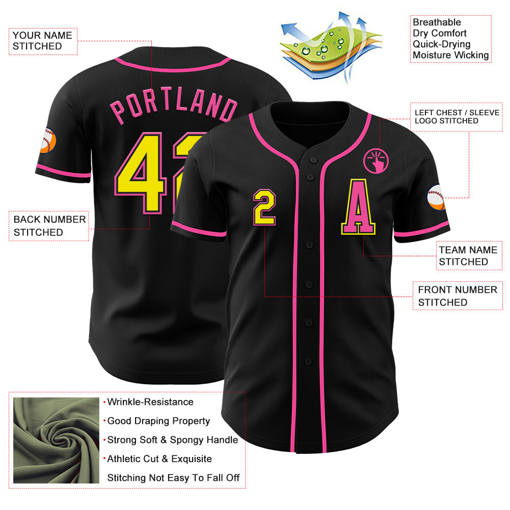 Custom Black Light Yellow-Pink Authentic Baseball Jersey view 2