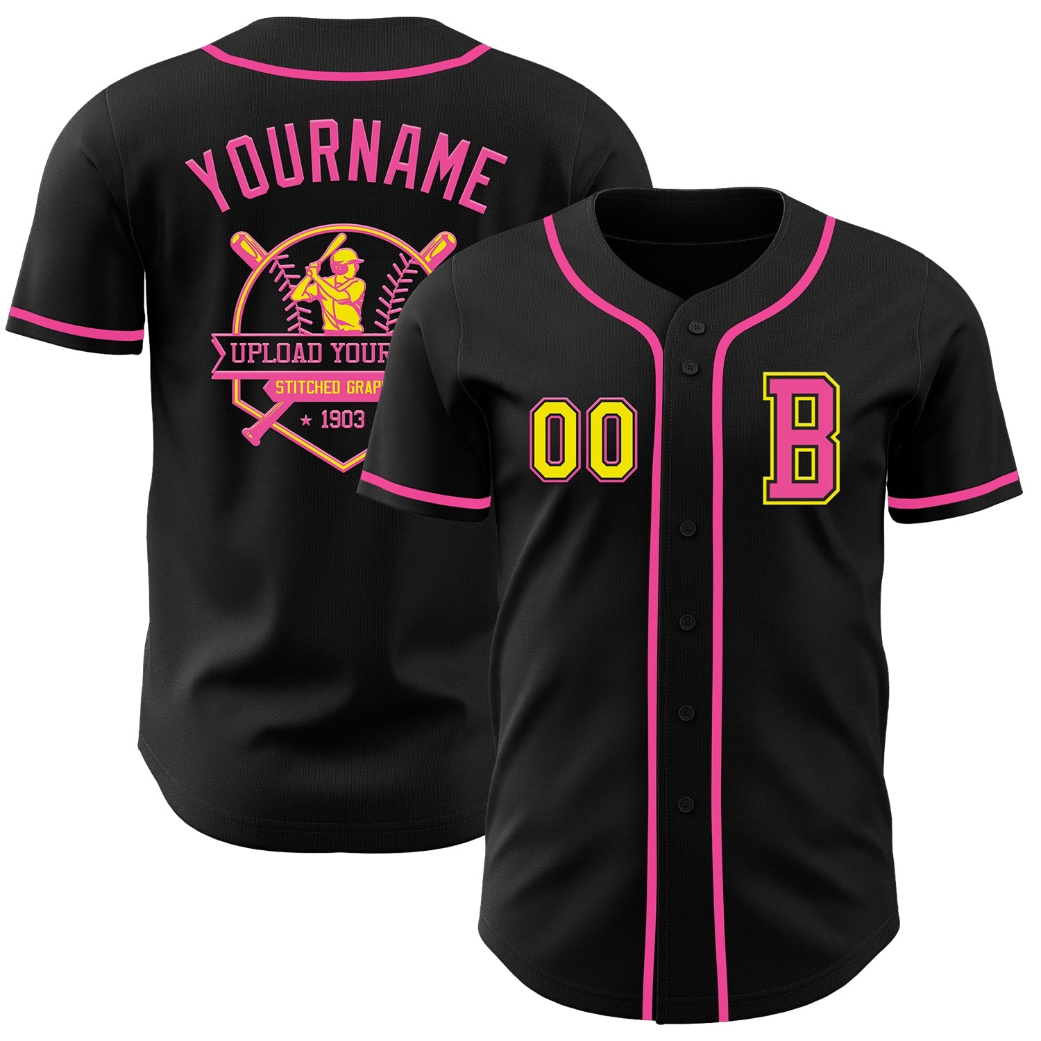 Custom Black Light Yellow-Pink Authentic Baseball Jersey view 5