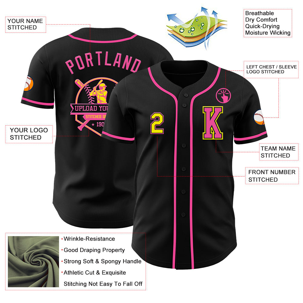 Custom Black Light Yellow-Pink Authentic Baseball Jersey view 6