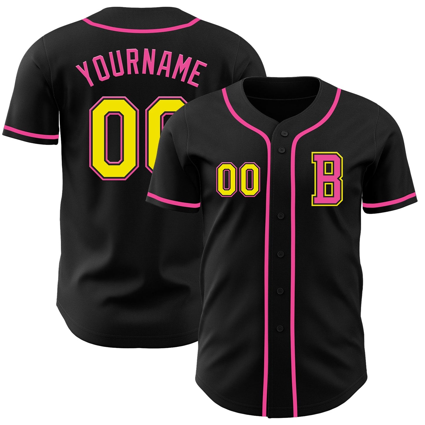 Custom Black Light Yellow-Pink Authentic Baseball Jersey - Main View