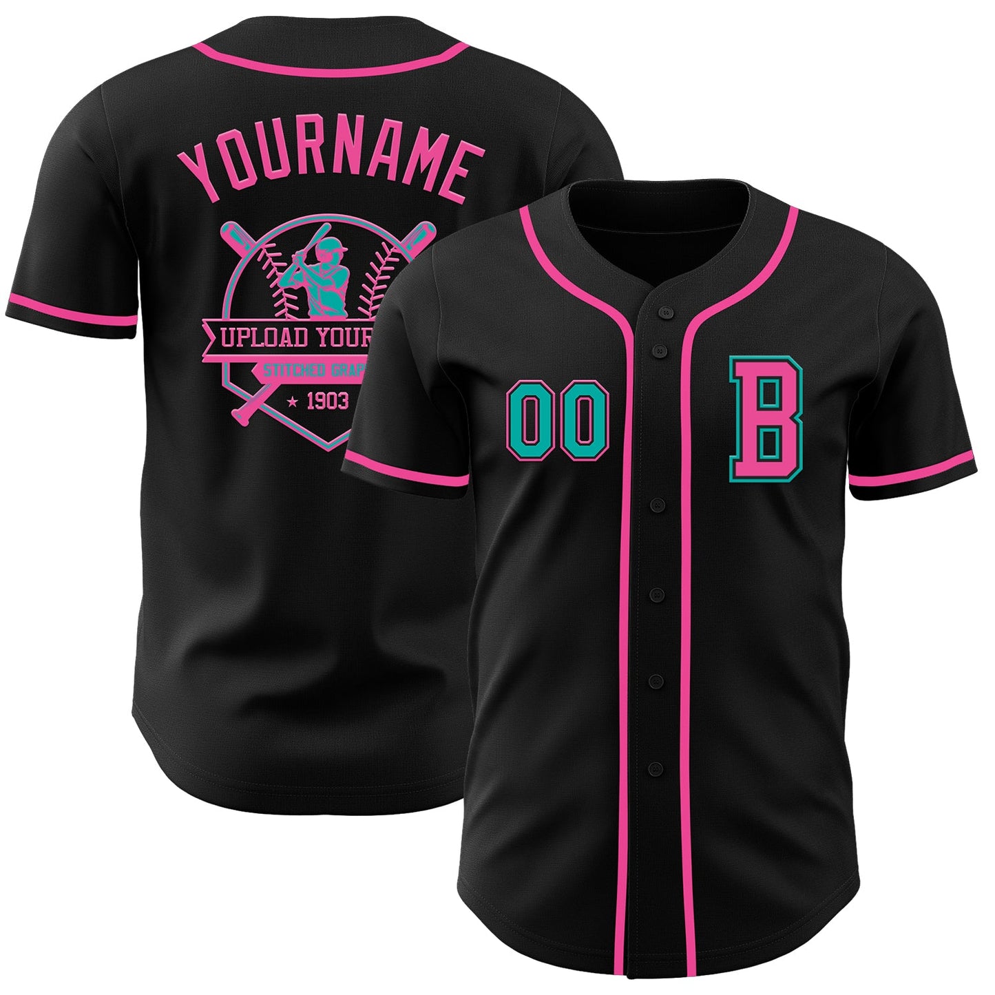 Custom Black Aqua-Pink Authentic Baseball Jersey view 5