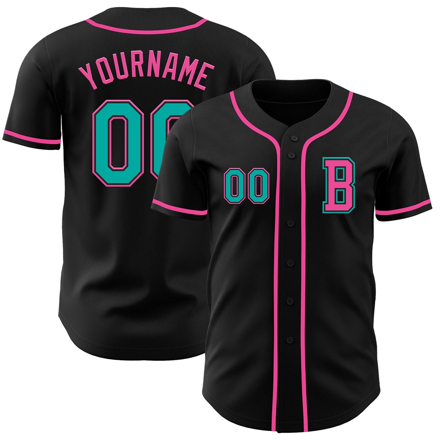 Custom Black Aqua-Pink Authentic Baseball Jersey - Main View