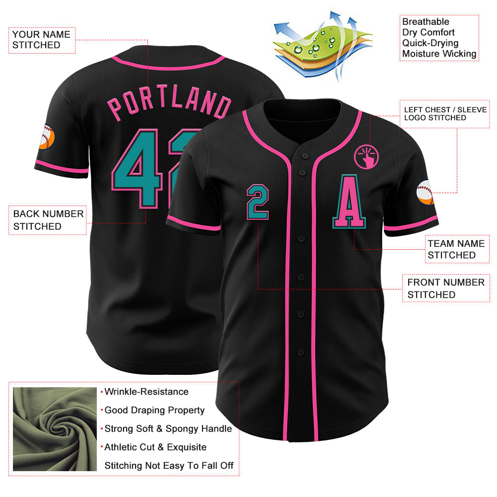Custom Black Teal-Pink Authentic Baseball Jersey view 2
