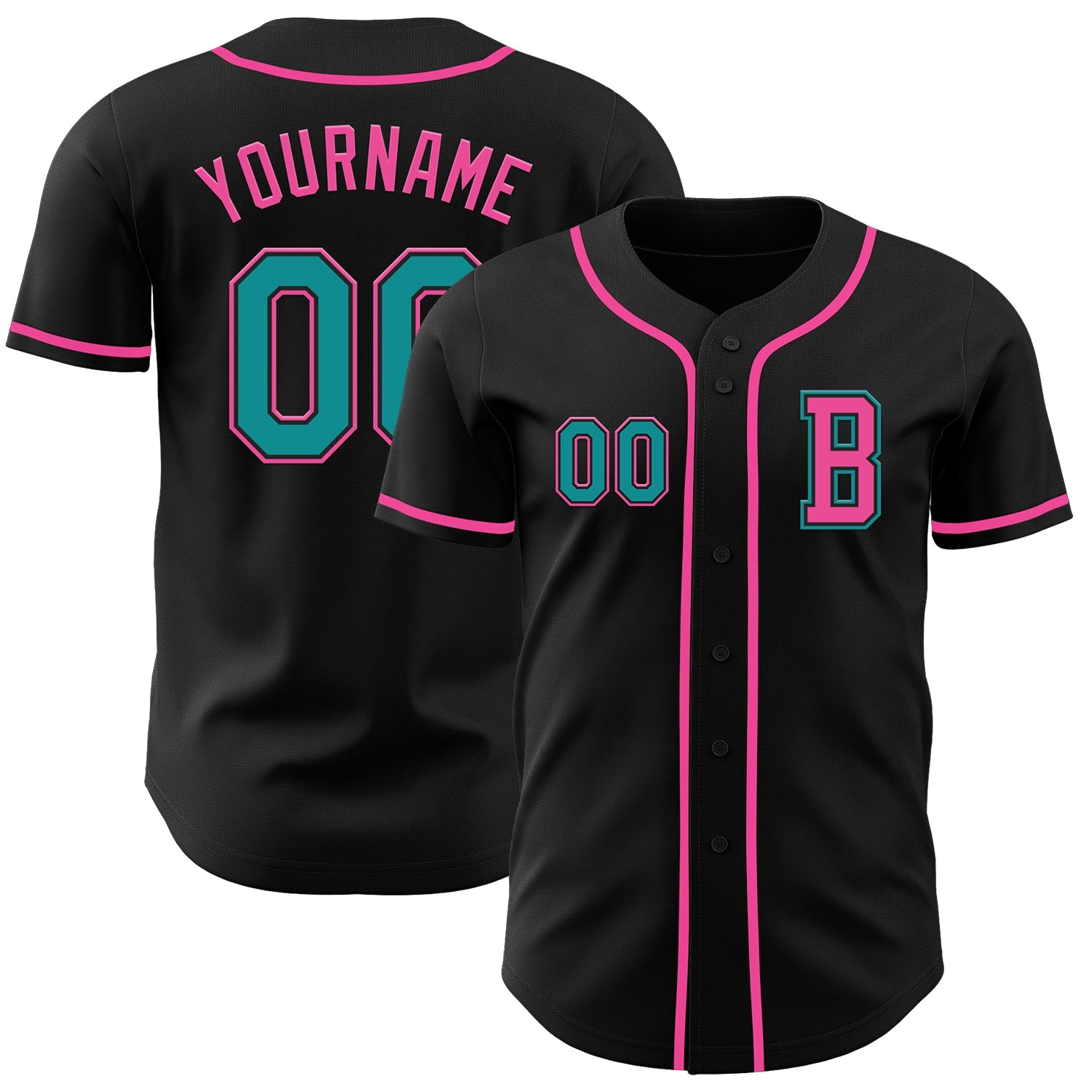 Custom Black Teal-Pink Authentic Baseball Jersey - Main View
