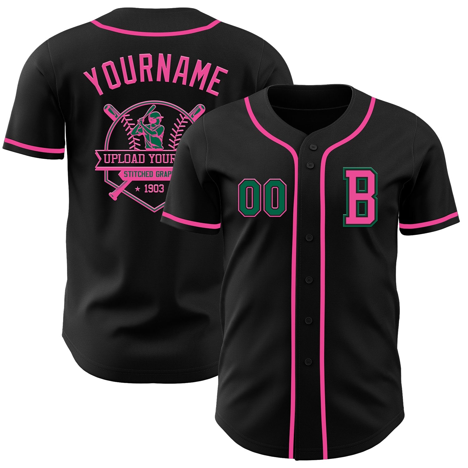 Custom Black Kelly Green-Pink Authentic Baseball Jersey view 5
