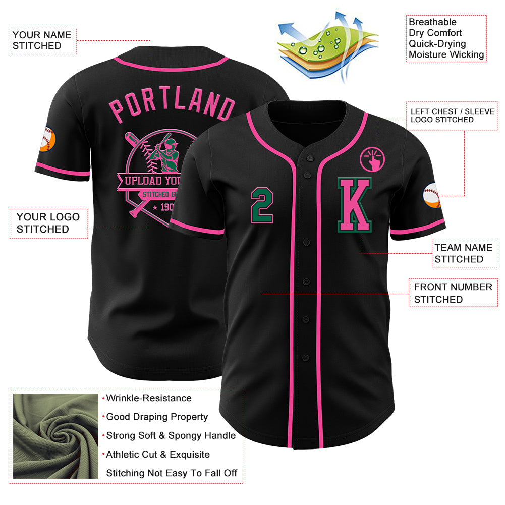 Custom Black Kelly Green-Pink Authentic Baseball Jersey view 6