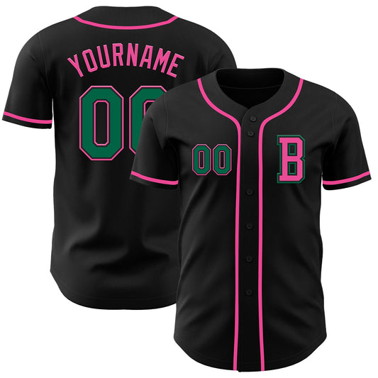Custom Black Kelly Green-Pink Authentic Baseball Jersey - Main View