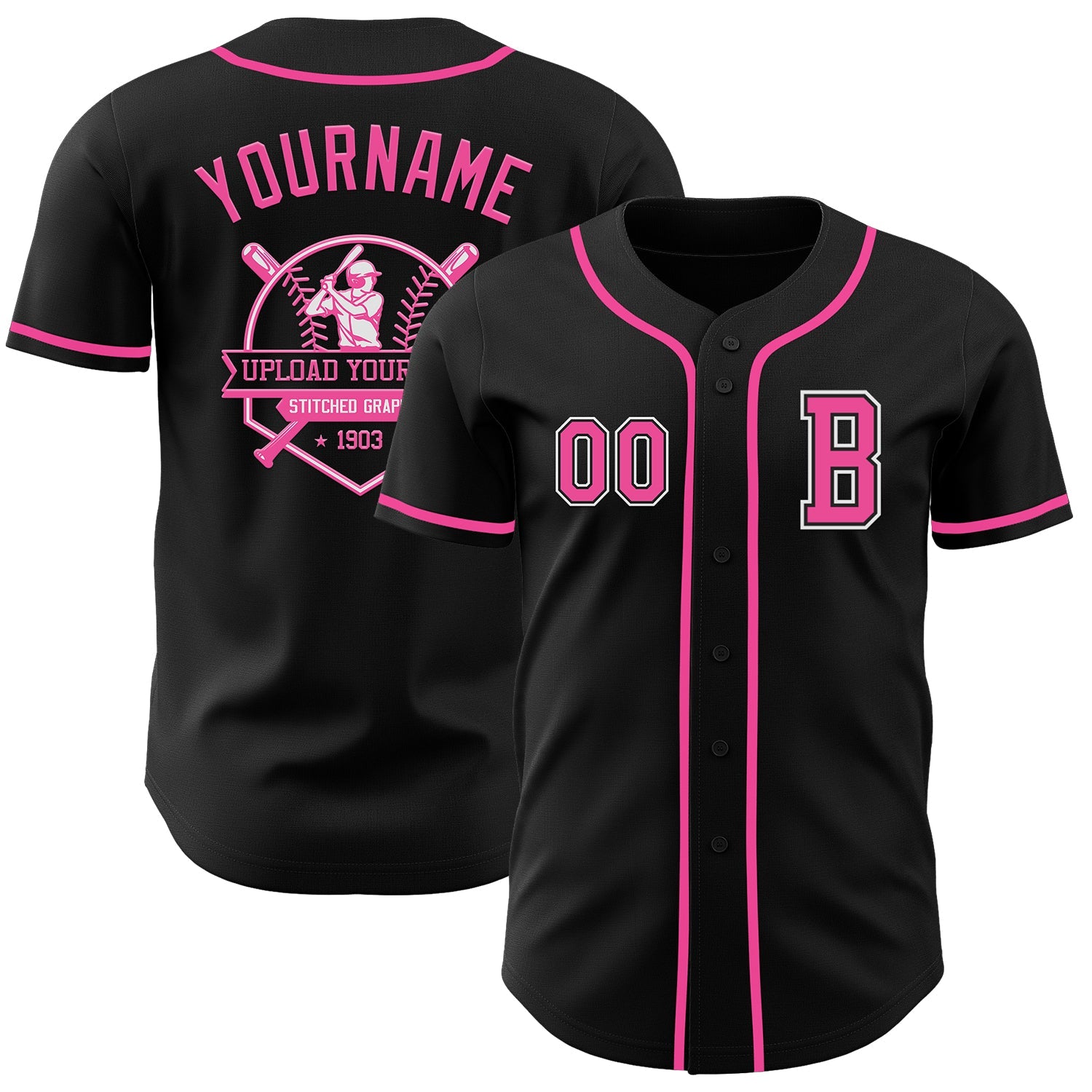 Custom Black Pink-White Authentic Baseball Jersey view 5