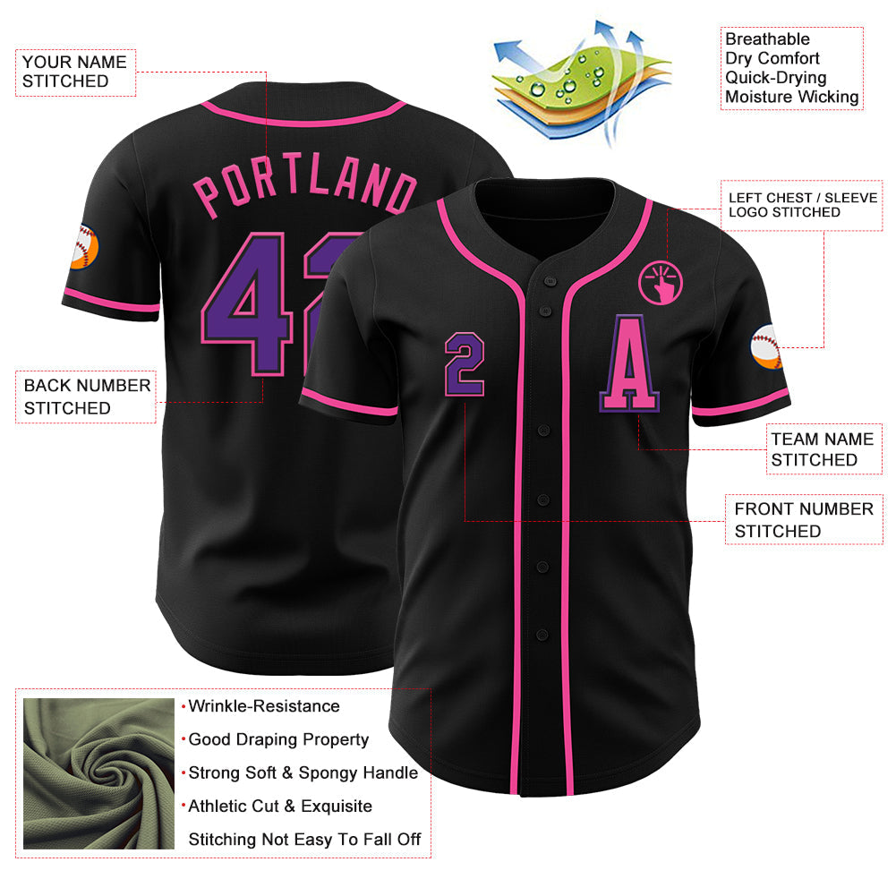 Custom Black Purple-Pink Authentic Baseball Jersey view 2