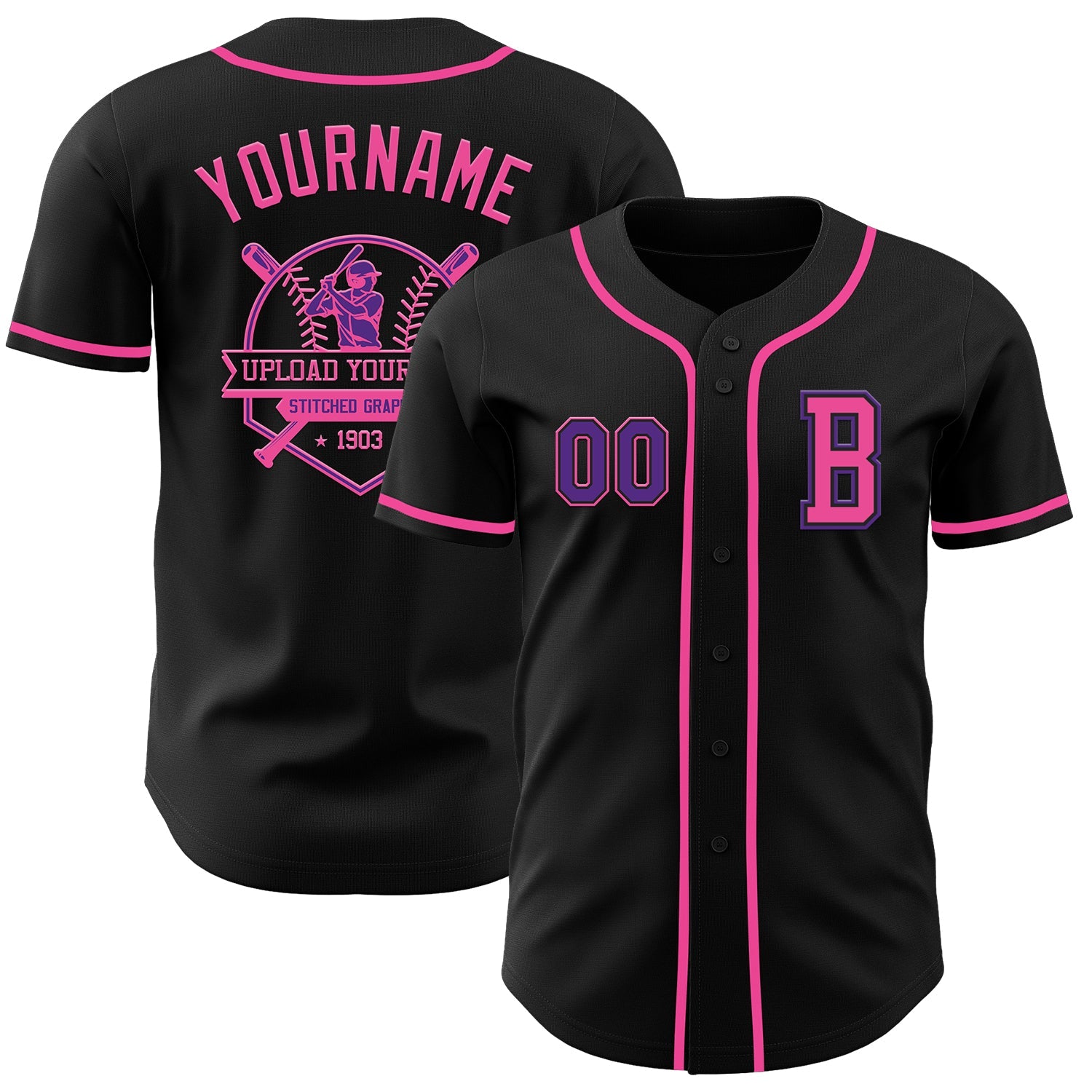 Custom Black Purple-Pink Authentic Baseball Jersey view 5