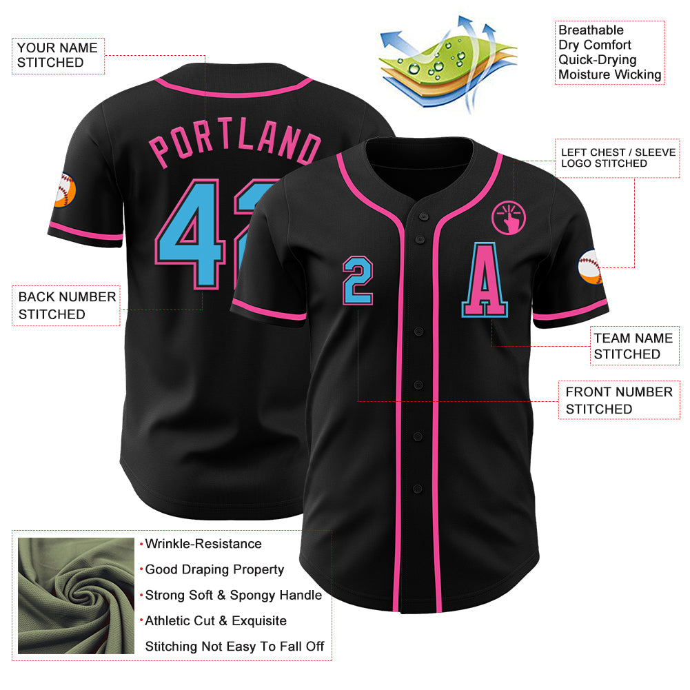 Custom Black Sky Blue-Pink Authentic Baseball Jersey view 2