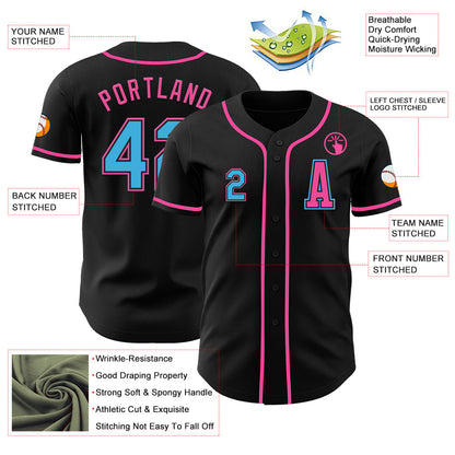 Custom Black Sky Blue-Pink Authentic Baseball Jersey view 2
