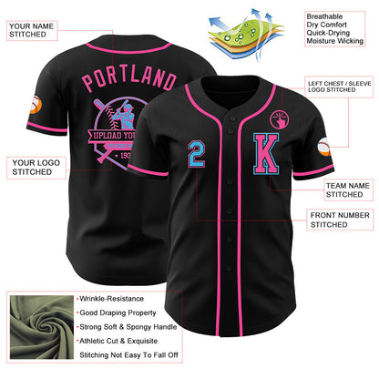 Custom Black Sky Blue-Pink Authentic Baseball Jersey view 6