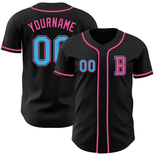 Custom Black Sky Blue-Pink Authentic Baseball Jersey - Main View