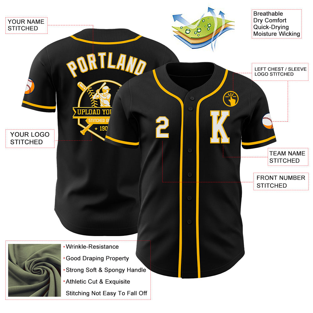 Custom Black White-Gold Authentic Baseball Jersey view 6