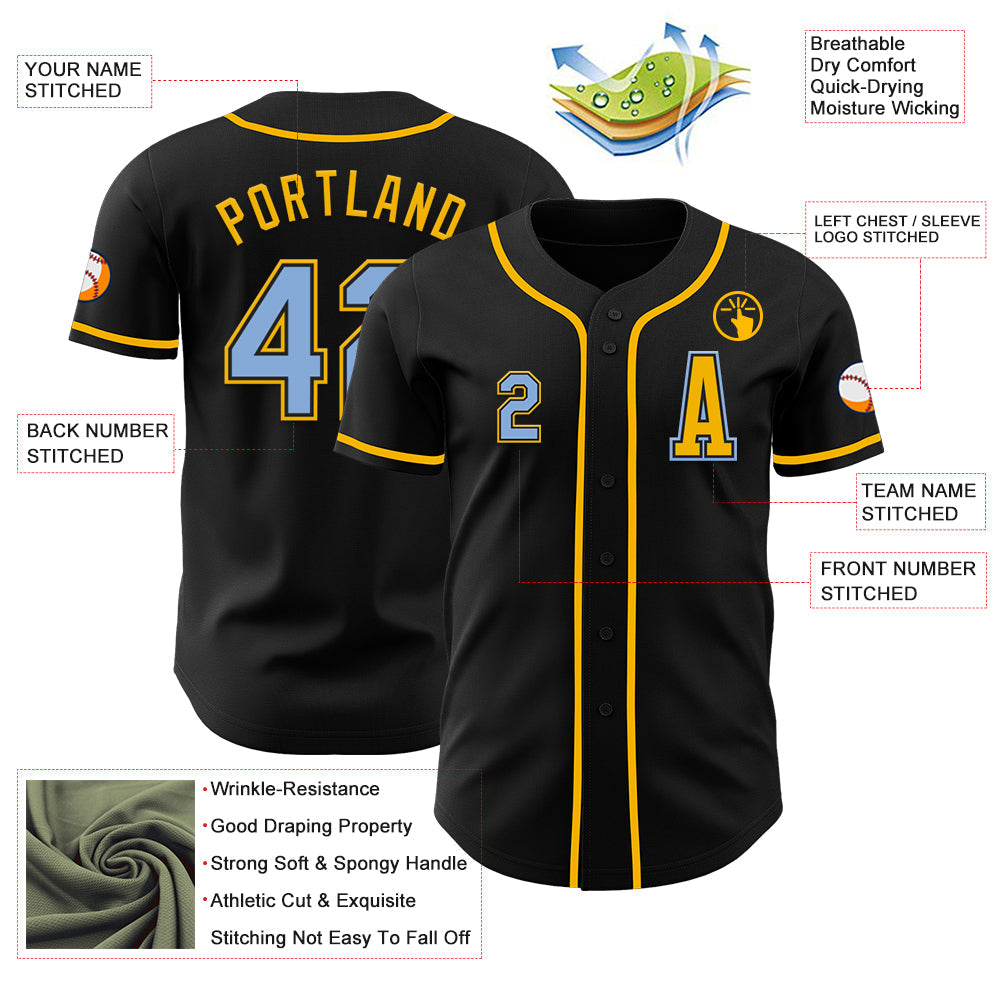 Custom Black Light Blue-Gold Authentic Baseball Jersey view 2