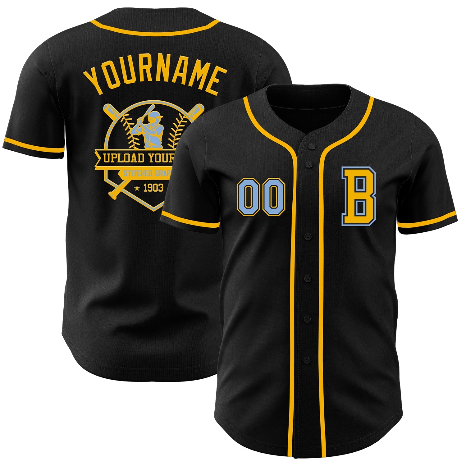 Custom Black Light Blue-Gold Authentic Baseball Jersey view 5